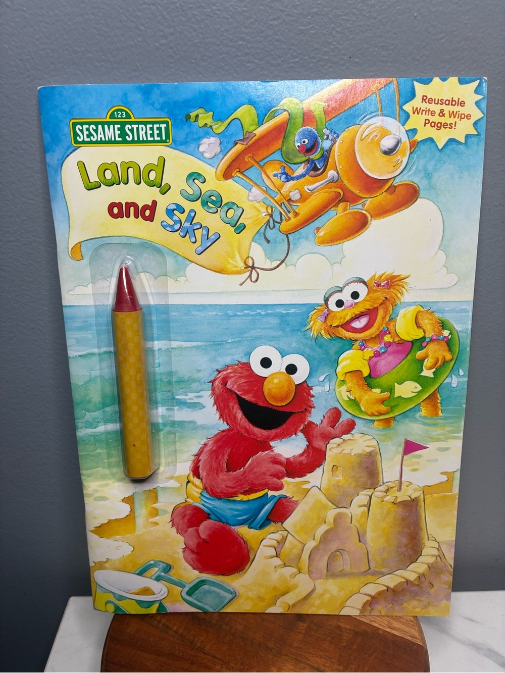 Sesame Street Land Sea and Sky 2002 Write & Wipe Book w/ Original Crayon